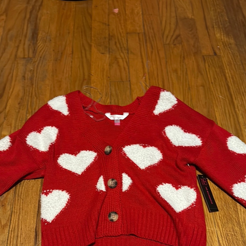 Red Cardigan with White Heart Pattern
